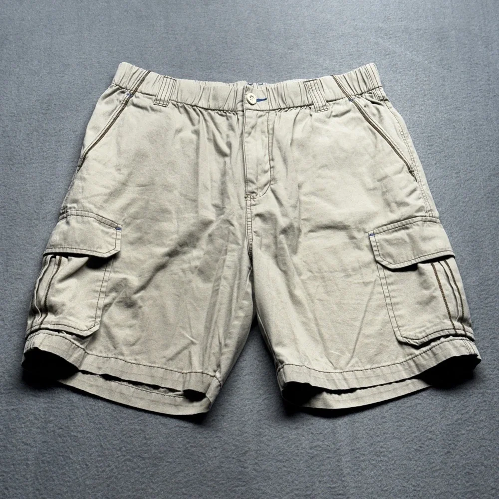 Tommy Bahama Relax Men Medium Khaki Cargo Shorts Elastic Waist Cotton Drawstring